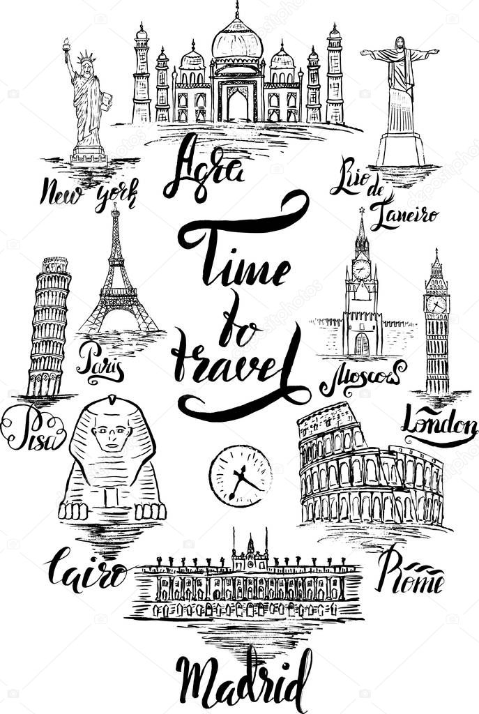 lettering of Agra, Cairo, Rio de janeiro, Pisa, Madrid, New york, Moscow, Paris, Rome, London, lettering by a brush pen Time to travel
