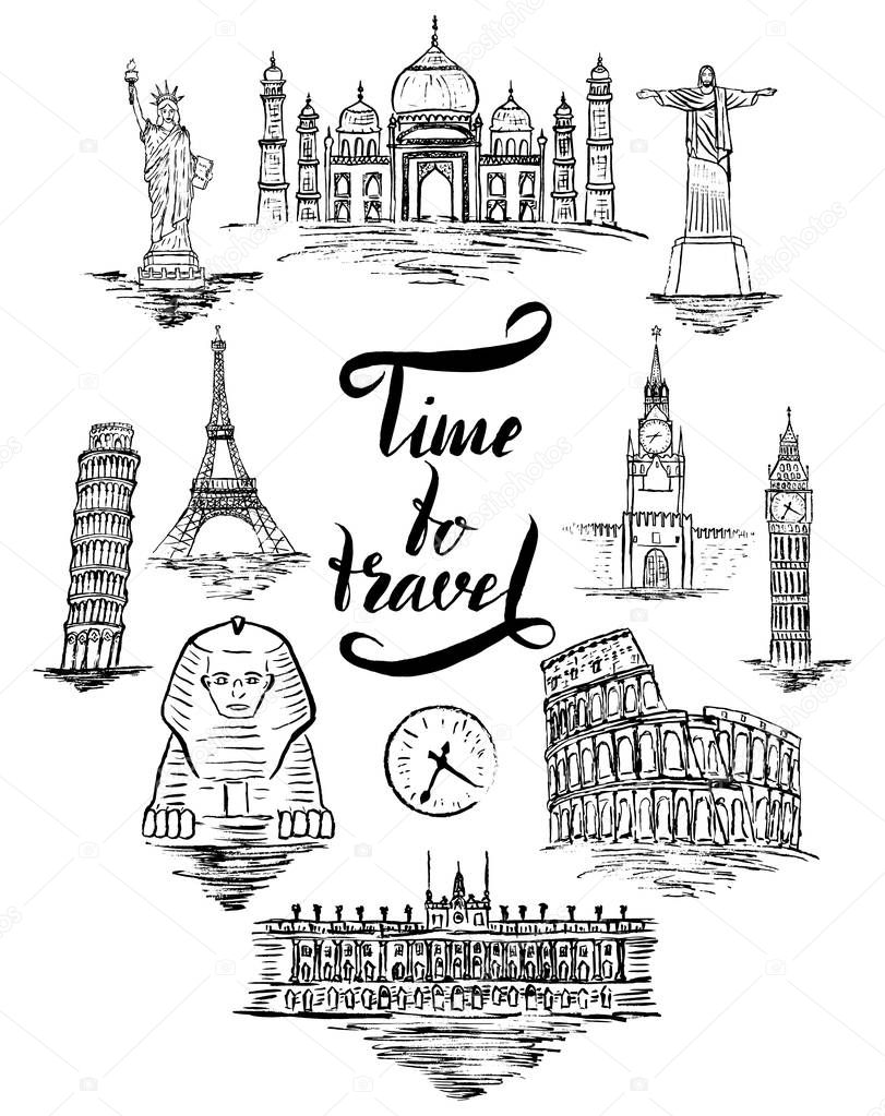 Agra, Cairo, Rio de janeiro, Pisa, Madrid, New york, Moscow, Paris, Rome, London, lettering by a brush pen Time to travel