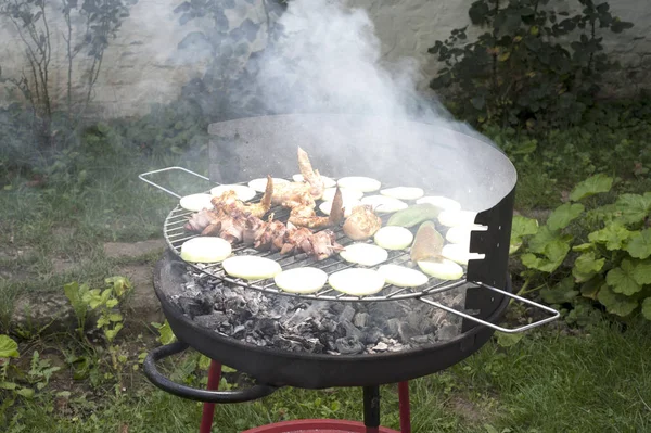 숯불 그릴에 절인된 고기를 굽고 — 스톡 사진