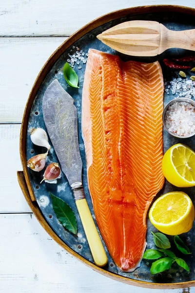 Salmon fillet and ingredients