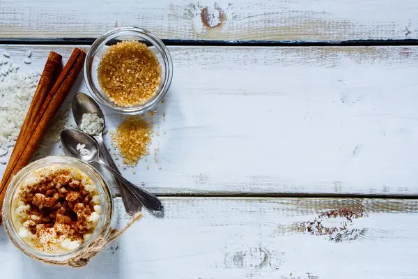 Jar of rice pudding — Stock Photo, Image