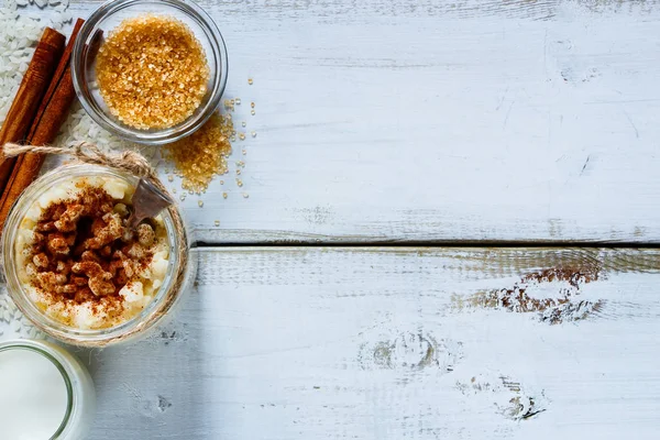 Jar of rice pudding — Stock Photo, Image