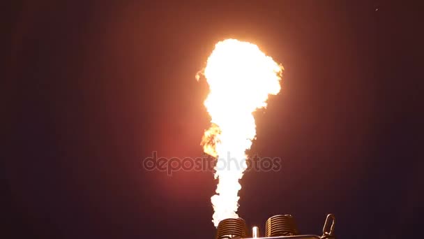 暗い背景で 2 つのガス バーナーのターンから噴火する炎 — ストック動画