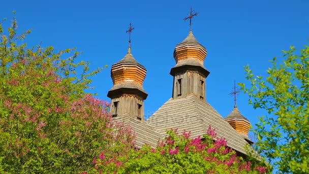 Деревянные купола православных храмов с крестами крупным планом — стоковое видео