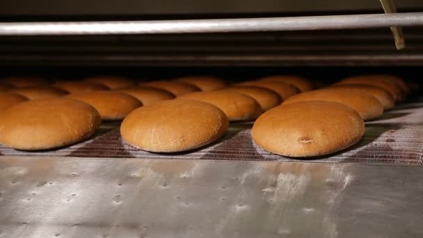 Горячий хлеб из духовки в пекарне — стоковое видео