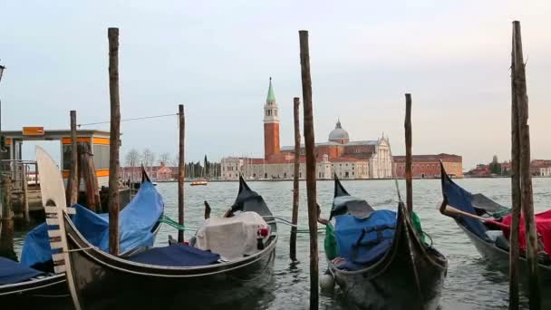 Припаркованные гондолы качаются на волнах в Венеции — стоковое видео