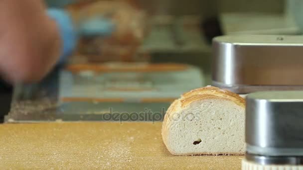 Разрезание буханки хлеба на куски и упаковка — стоковое видео
