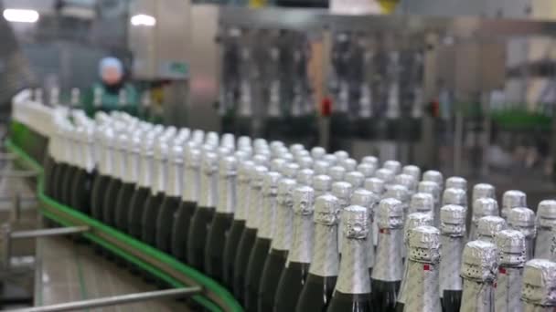 乌克兰 2017年5月 瓶子的绿色是沿着在香槟葡萄酒厂的传送带移动 在前景的特写 在背景下 车间的起泡酒工厂 — 图库视频影像
