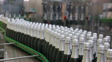 Kiev, Ukrayna - 2017 olabilir: Yeşil şişe konveyör fabrikasında şampanya şarap, yakın çekim ön planda boyunca hareket ediyor. Şişe şampanya Fabrikası'nda.