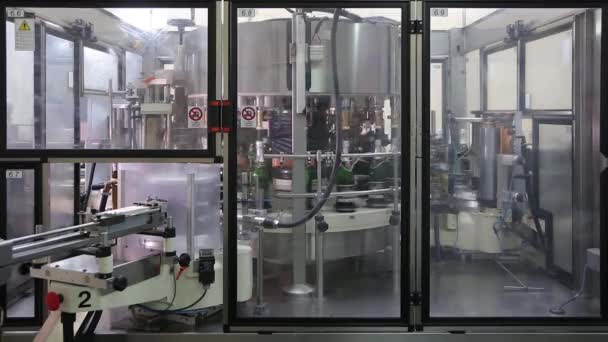 Maschine zum Aufkleben von Etiketten auf eine Flasche Champagner — Stockvideo