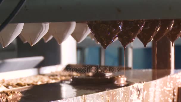 Polewą czekoladową z orzechami w fabryce lodów — Wideo stockowe