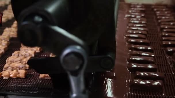 Turrón con nueces y chocolate en la fábrica — Vídeos de Stock