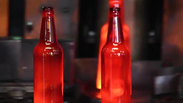 Produktion av glasflaskor för öl. Glas växt. — Stockvideo