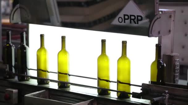 Trabalhador verifica a qualidade e pureza de garrafas de vidro — Vídeo de Stock