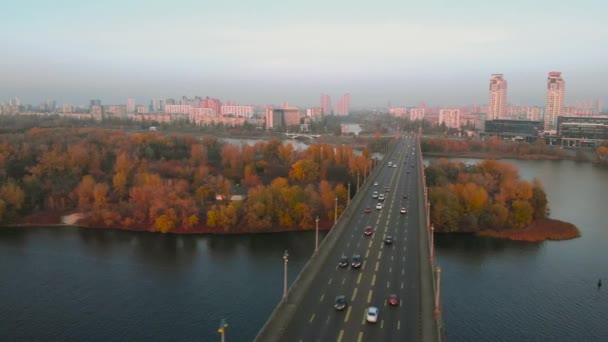 Drone flying over an automobile bridge at sunset. — Αρχείο Βίντεο