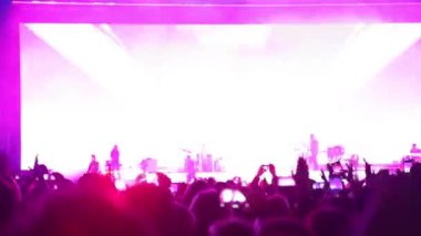 Konserde kalabalık ellerini kaldırıp dans ediyor.
