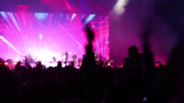 Publiek bij concert steekt haar handen op en applaudisseert — Stockvideo