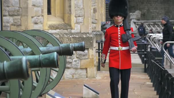Британская гвардия в традиционной красно-чёрной форме — стоковое видео