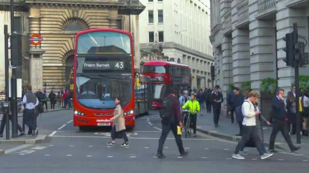 Ikoniska svarta taxibilar och röda dubbeldäckare bussar — Stockvideo