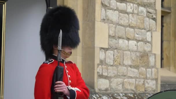 Soldado británico pasa por alto territorio en el puesto de servicio. — Vídeo de stock