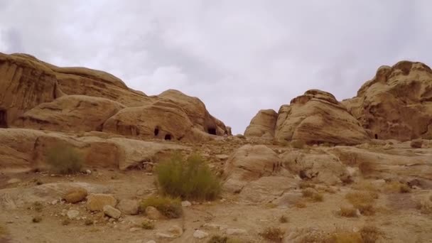 Beduin på en häst klättrar i bergen, Jordanien — Stockvideo
