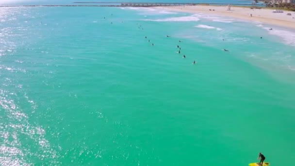 Vuelo aéreo Miami Beach olas y surfistas — Vídeo de stock