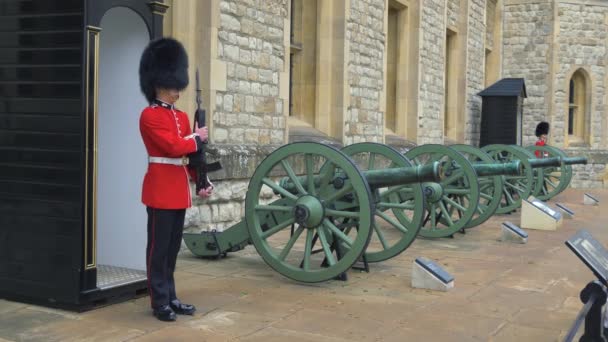 Βρετανός φρουρός εν ώρα υπηρεσίας. Λονδίνο, Ηνωμένο Βασίλειο — Αρχείο Βίντεο