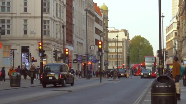 Upptagen centrala London street med bussar och taxi. — Stockvideo