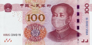 Çin 'de COVID-19 Coronavirüs. Tıbbi maskeli Mao Zedong ile 100 Yuan banknot. Küresel mali ve ekonomik kriz Çin 'i etkiledi. Çin parası, koronavirüs konsepti. Gerçekçi kurgu.