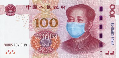 100 Yuan 'lık banknotun üzerindeki tıbbi maske, küresel ekonomik kriz kavramı. Tıbbi maske ya da ameliyat maskesi Çin parasında. COVID-19 koronavirüsü. Doktor maskesi koronovirüse karşı korur..