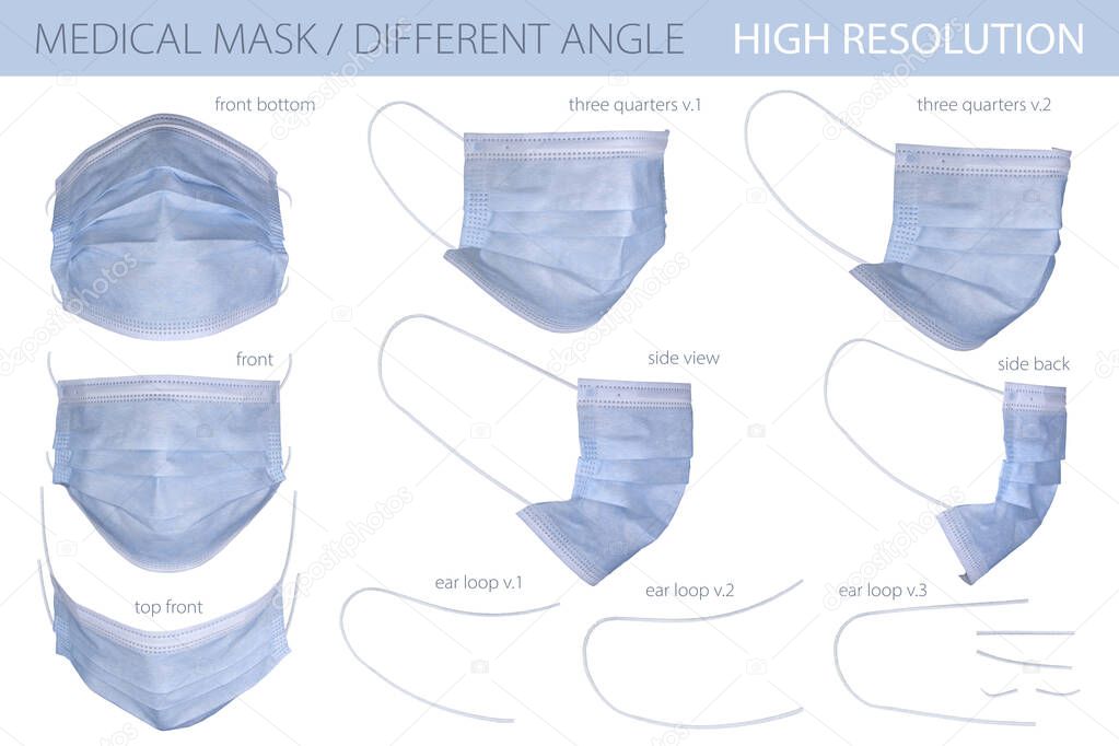 Medical mask isolated on white background, isolated mockup. Medical mask whith clipping mask. Surgical mask with rubber earloop, template for design. Coronavirus protection with clipping path, closeup