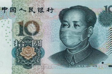 10 Yuan 'lık banknotta tıbbi maske, küresel ekonomik kriz kavramı. Tıbbi maske ya da ameliyat maskesi Çin parasında. Çin 'de COVID-19 Coronavirüs. Doktor maskesi koronovirüse karşı korur..
