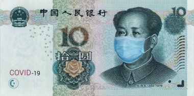 Çin 'de COVID-19 Coronavirüs. Tıbbi maskeli Mao Zedong ile 10 Yuan banknot. Küresel mali ve ekonomik kriz Çin 'i etkiledi. Çin parası, koronavirüs konsepti. Gerçekçi kurgu.