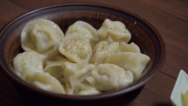 Dumplings Russian National Dish Close 포크는 뜨거운 만두를 접시에 밀봉하여 — 비디오