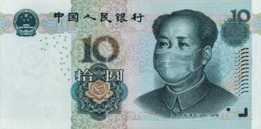Çin 'de COVID-19 Coronavirüs. Tıbbi maskeli Mao Zedong ile 10 Yuan banknot. Küresel mali ve ekonomik kriz Çin 'i etkiledi. Çin parası, koronavirüs konsepti. Gerçekçi kurgu.