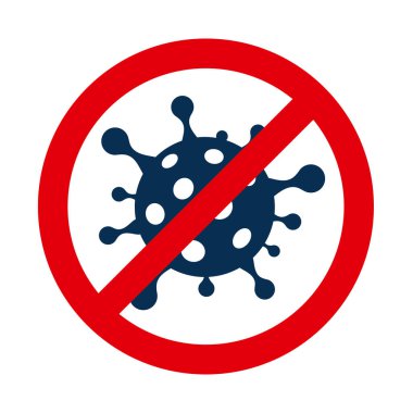 Coronavirus hücresi yasaklama işaretinde. Vektör düzlüğü, beyaz arkaplanda izole. Kırmızı DUR işaretinde Coronovirus viral hücresi. Koronavirüsü imzalayın. Koronavirüsü durdurun. İzole vektör illüstrasyon simgesi
