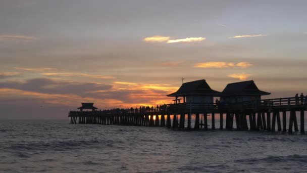 Dunkle Silhouette einer Seebrücke bei Sonnenuntergang. — Stockvideo