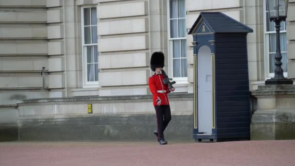 Queens Guard - Buckinghamský palác. Zpomalený pohyb. — Stock video
