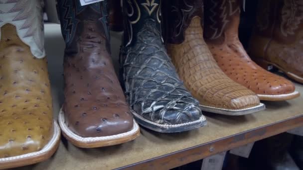Stylowe buty na półce amerykańskiego sklepu. — Wideo stockowe