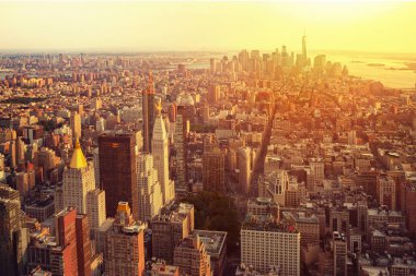 New York City Manhattan gökyüzü manzaralı. New York, ABD 'de Manhattan' ın silueti. New York 'un havadan görüntüsü