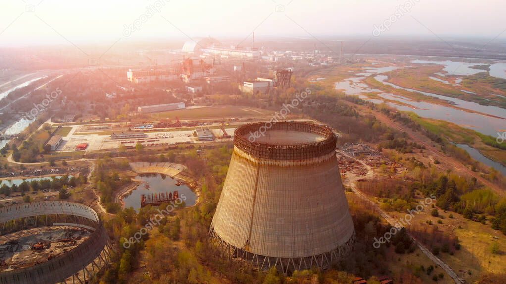 Chernobyl nuclear power plant. Cooling tower overlooking the nuclear power plant in Chernobyl. Chernobyl nuclear power plant, Ukrine. Aerial view.
