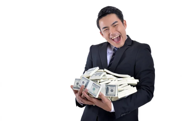 Mucho dinero en manos de un joven empresario. . — Foto de Stock