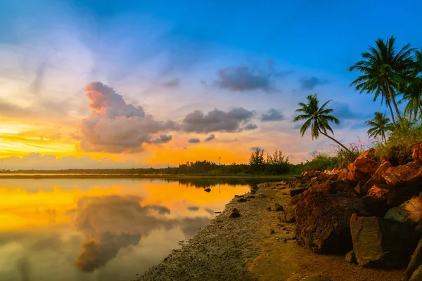 Puesta de sol en la playa con palmera de coco sobre fondo azul del cielo . — Foto de Stock