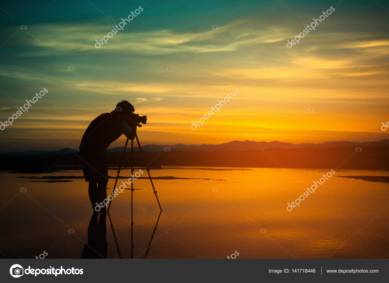 Silhouette Photographe Prendre Photo Paysage Magnifique Au