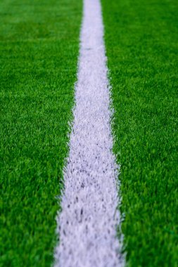 Yeşil çim futbol sahası, beyaz çizgiye. Seçici odak