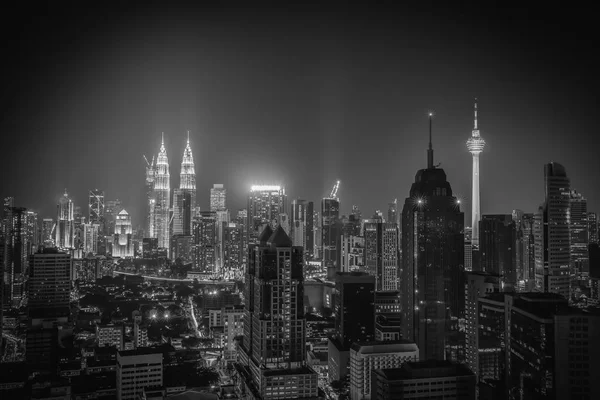 Black and white  image of Kuala lumpur city skyline at night in Malaysia. — Stock Photo, Image