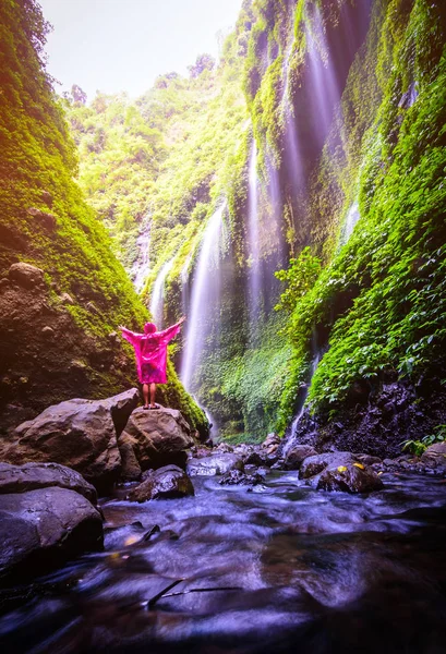 Happy Man in piedi sulla roccia a Madakaripura Waterfall, Java, Indonesia. Concetto di viaggio e scoperta — Foto Stock