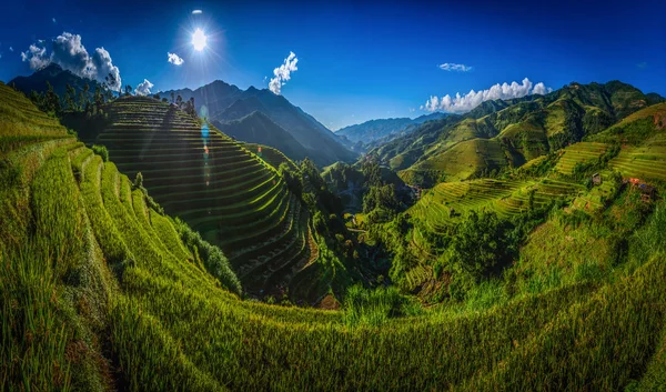 Рисові поля на терасах з дерев'яним павільйоном на синьому тлі неба в Му-Канг-Чай, Єнбай, В'єтнам. — стокове фото