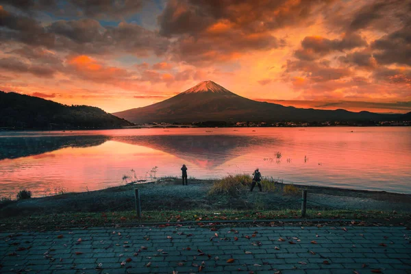 Landscape Image Fuji Lake Kawaguchiko Autumn Foliage Sunrise Fujikawaguchiko Japan — Stock Photo, Image
