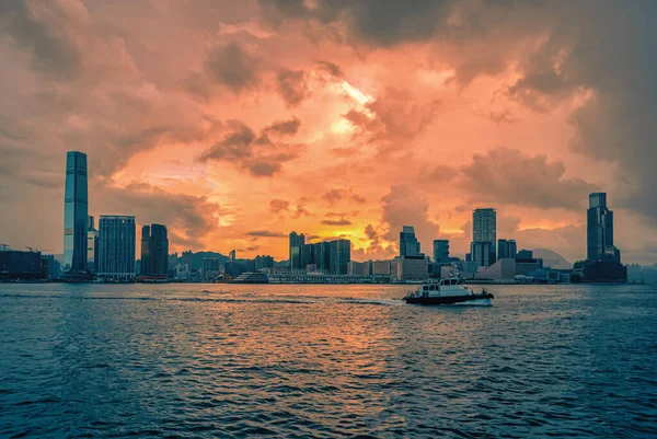 Hong Kong skyline city at sunrise view from Harbour.